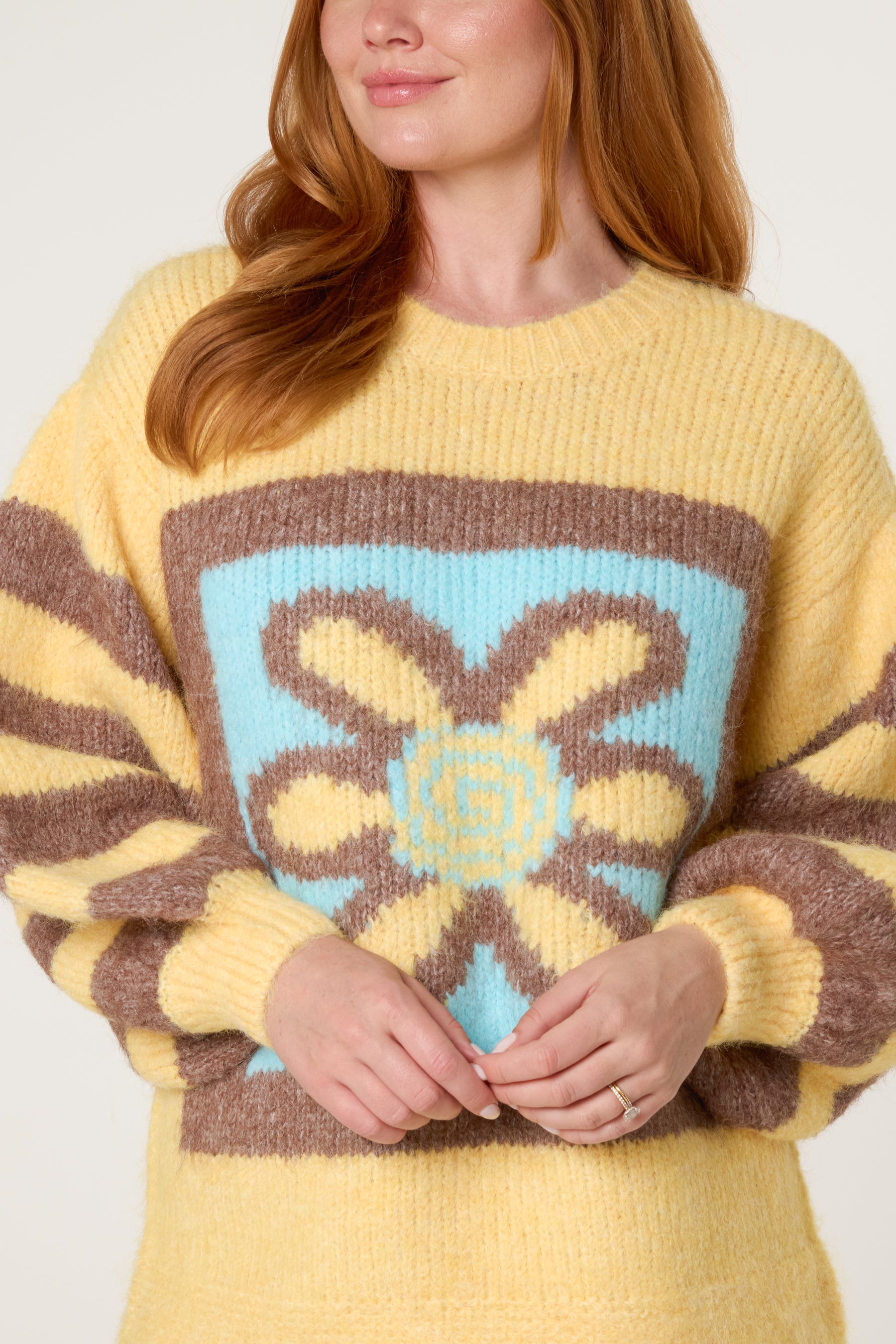 Flower Illustration Balloon Sleeve Knit Jumper