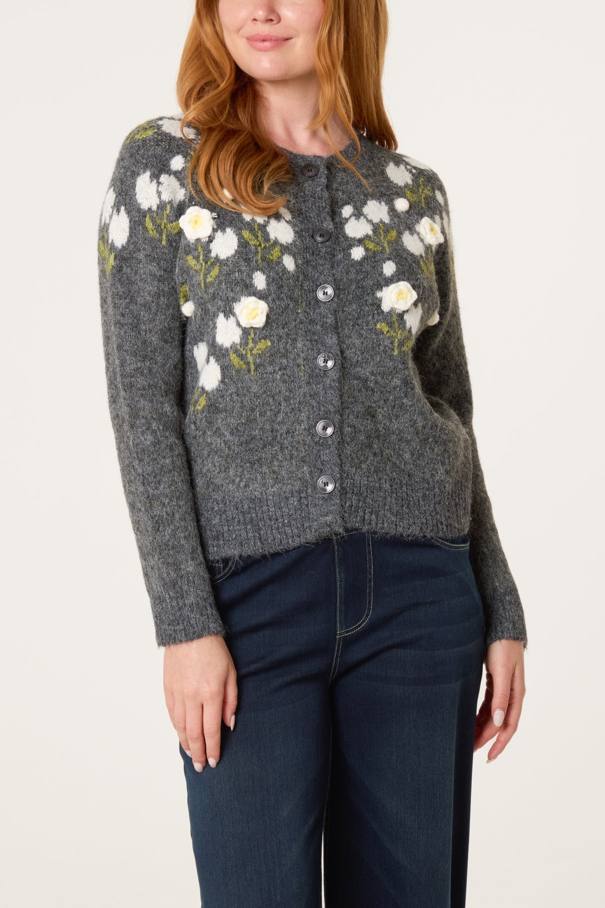 3D Floral Button Through Cardigan