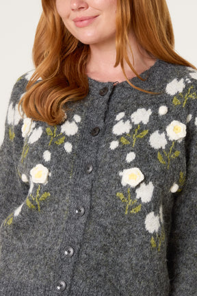 3D Floral Button Through Cardigan