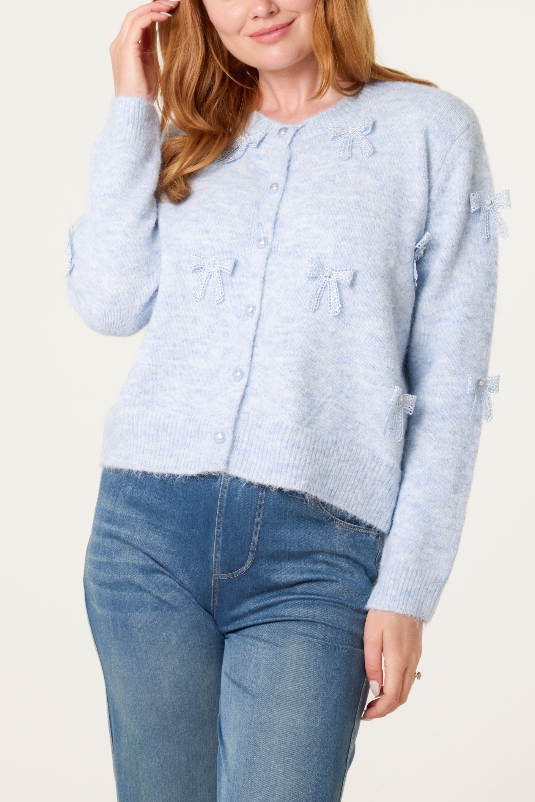 Bow Pearl Button Through Knit Cardigan