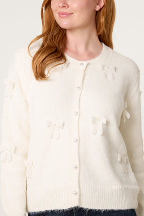 Bow Pearl Button Through Knit Cardigan