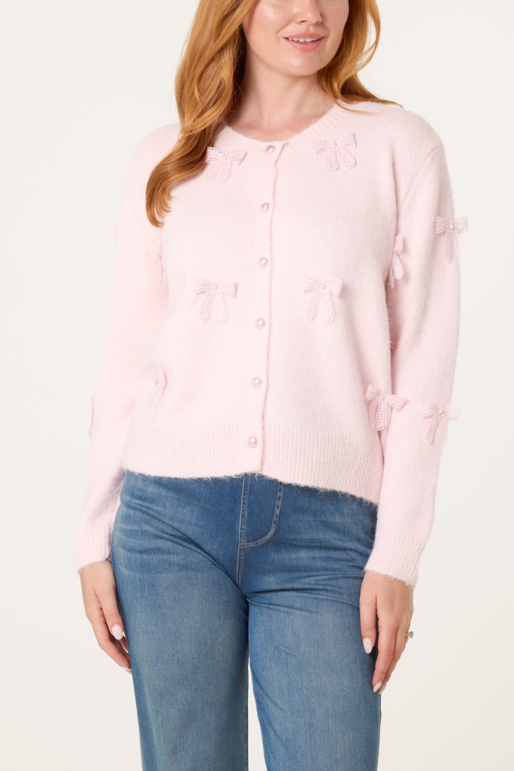 Bow Pearl Button Through Knit Cardigan