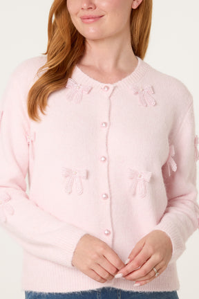Bow Pearl Button Through Knit Cardigan