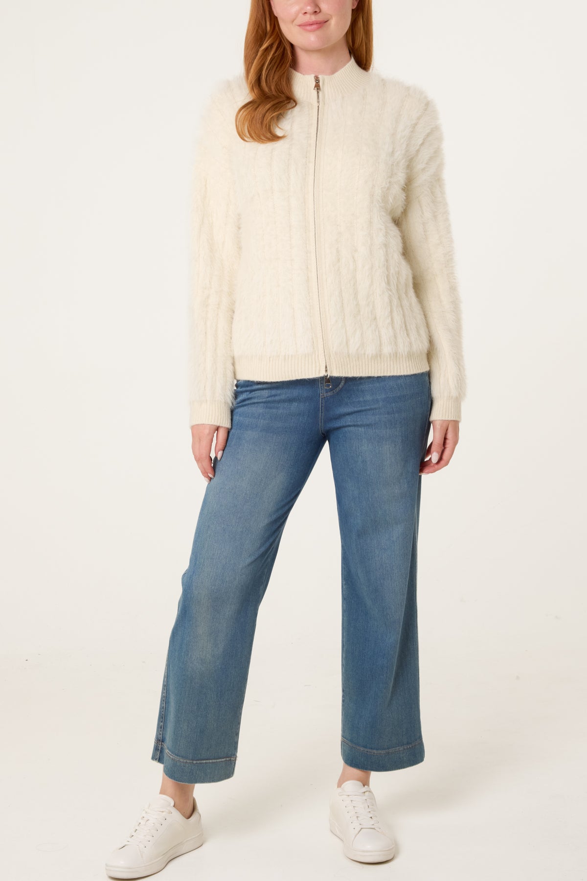 Textured Zip-Through Fluffy Cardigan