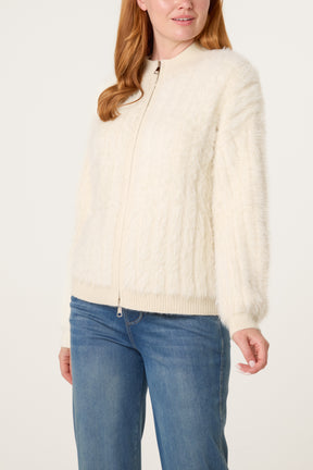 Textured Zip-Through Fluffy Cardigan