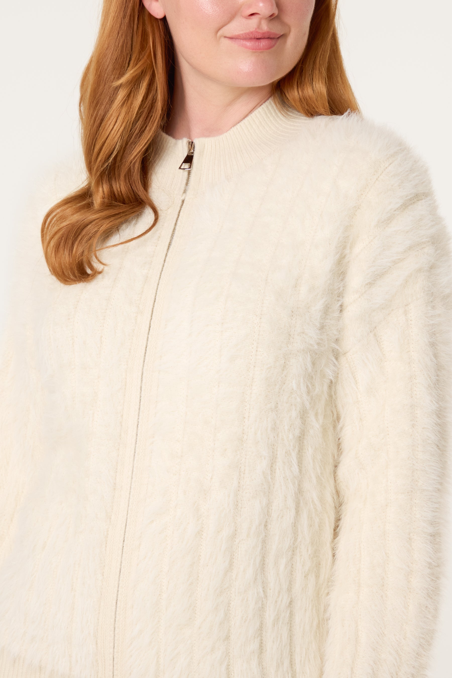 Textured Zip-Through Fluffy Cardigan