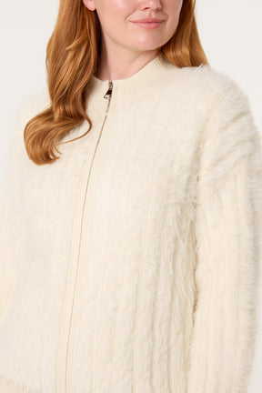 Textured Zip-Through Fluffy Cardigan