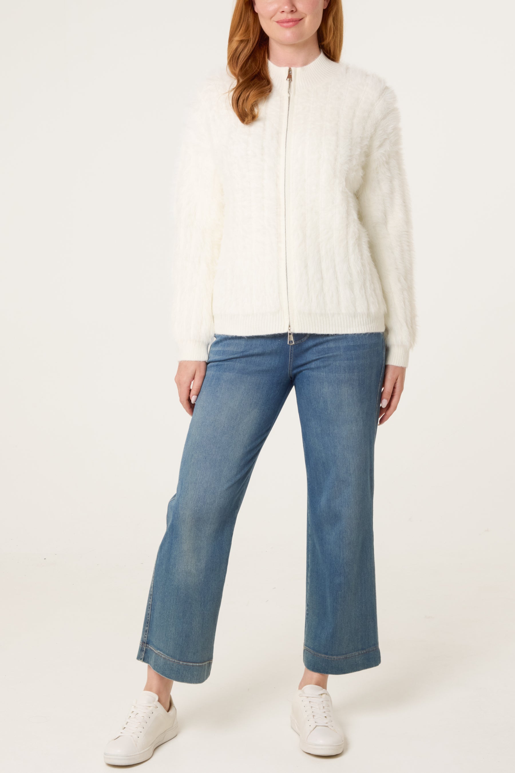 Textured Zip-Through Fluffy Cardigan