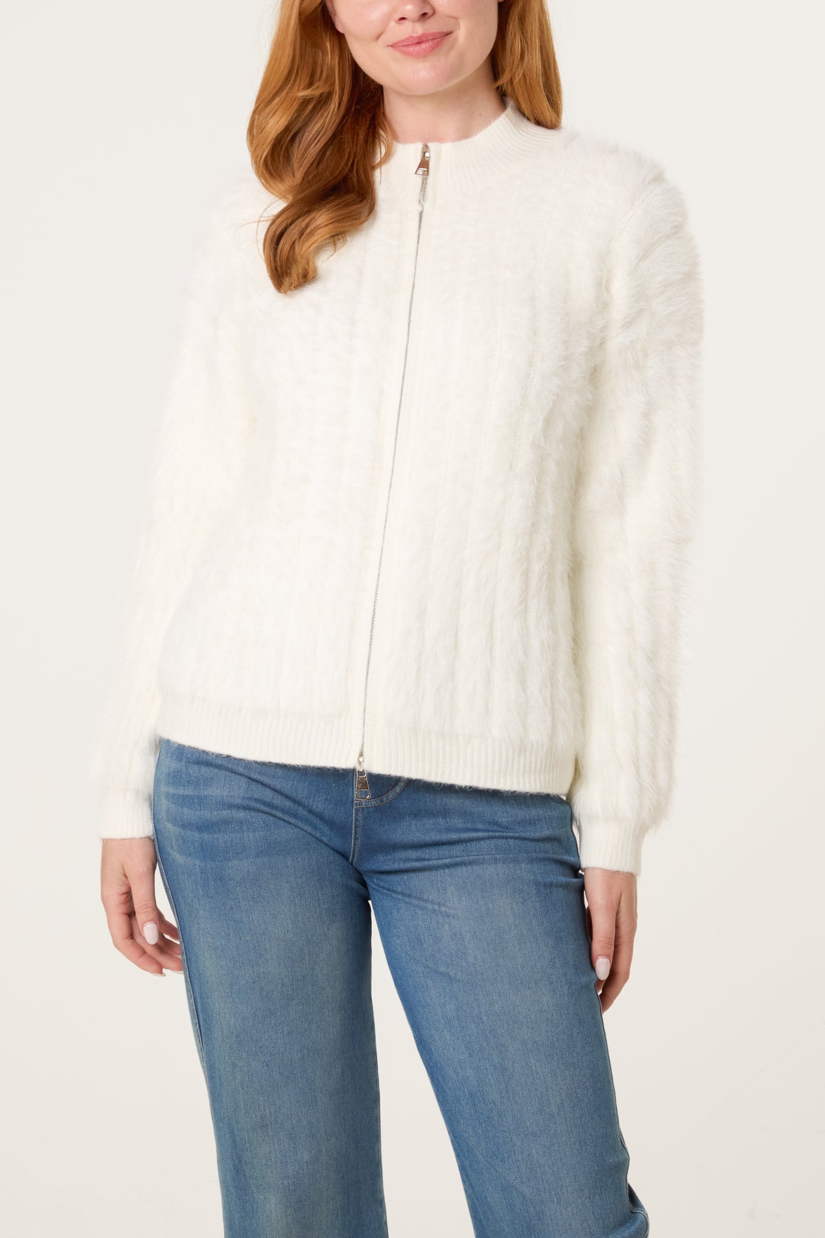 Textured Zip-Through Fluffy Cardigan