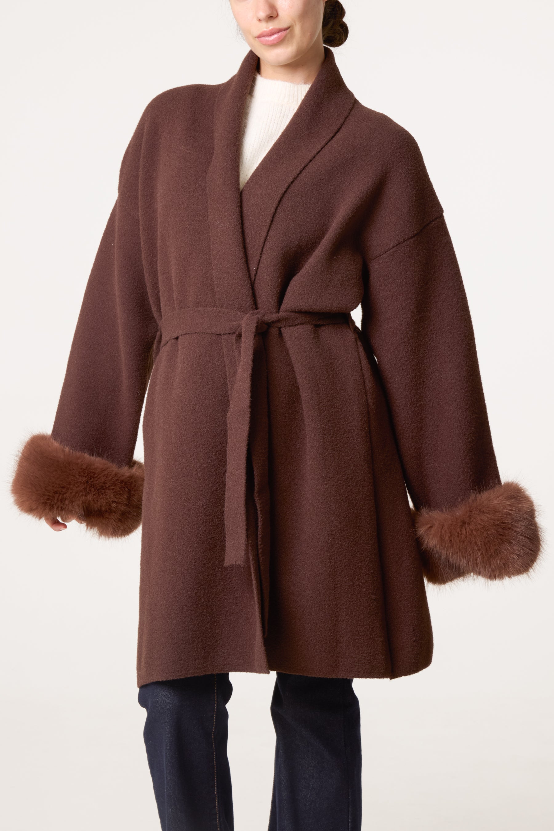 Wrap Coat With Faux Fur Cuffs