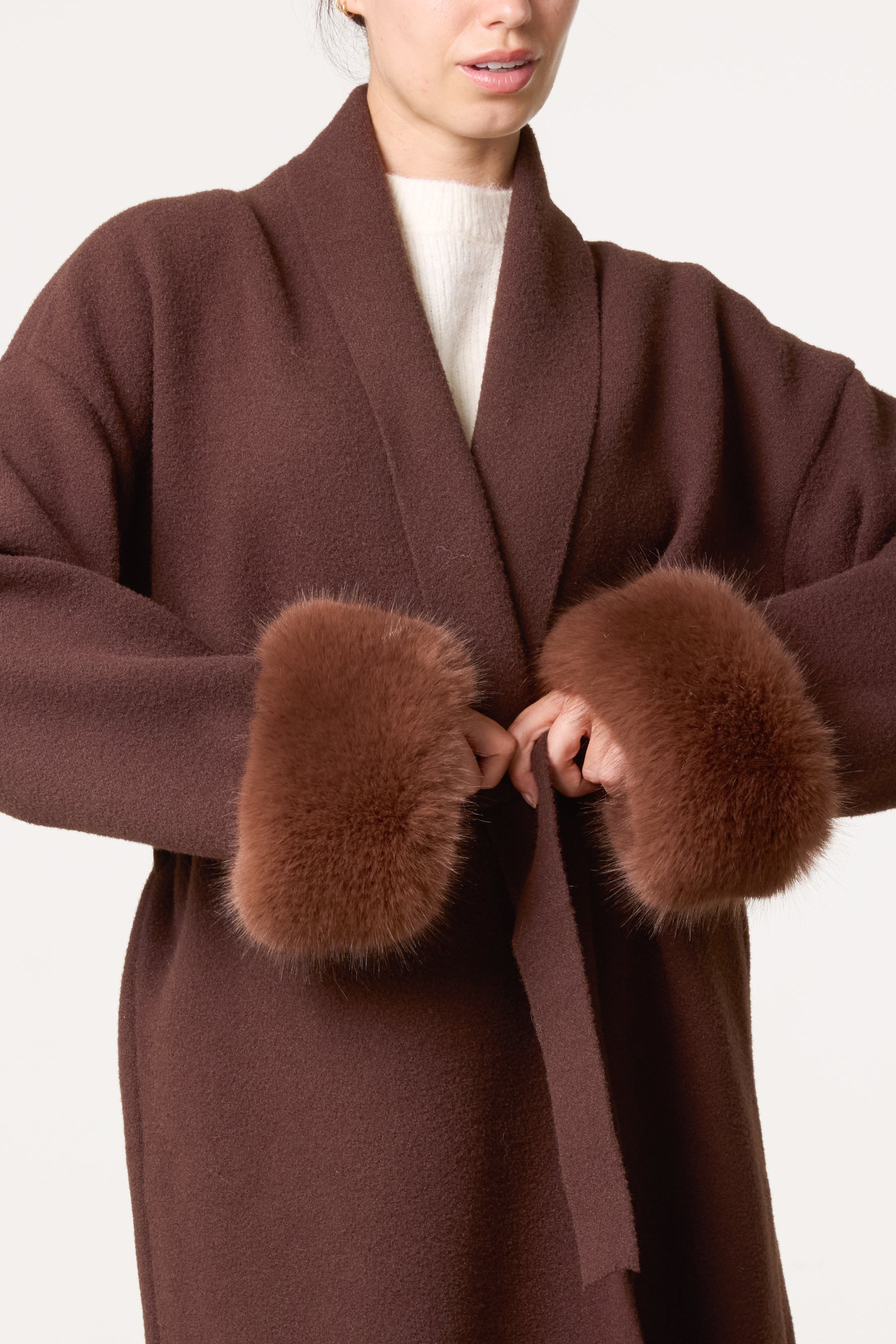 Wrap Coat With Faux Fur Cuffs