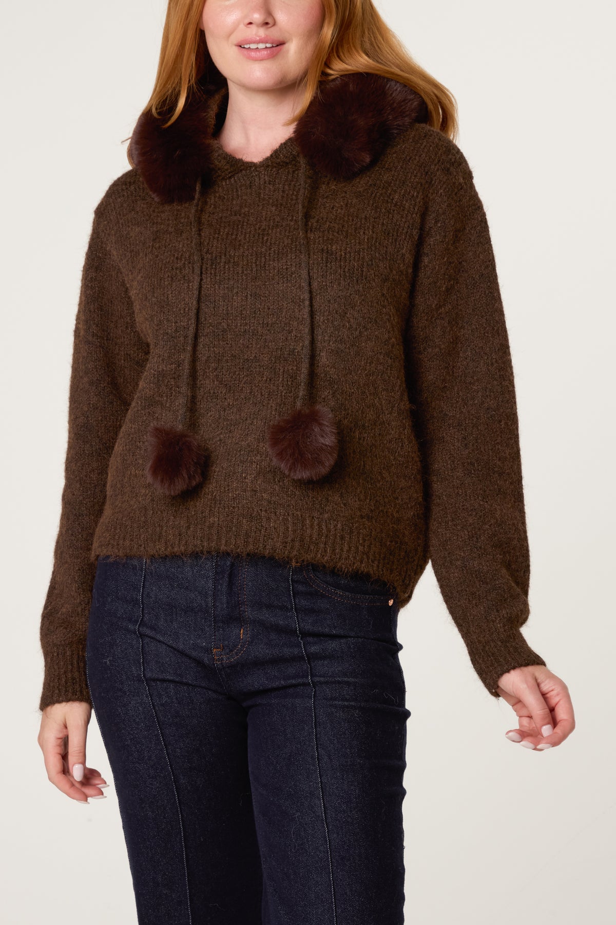 Faux Fur Pom Pom Hooded Jumper