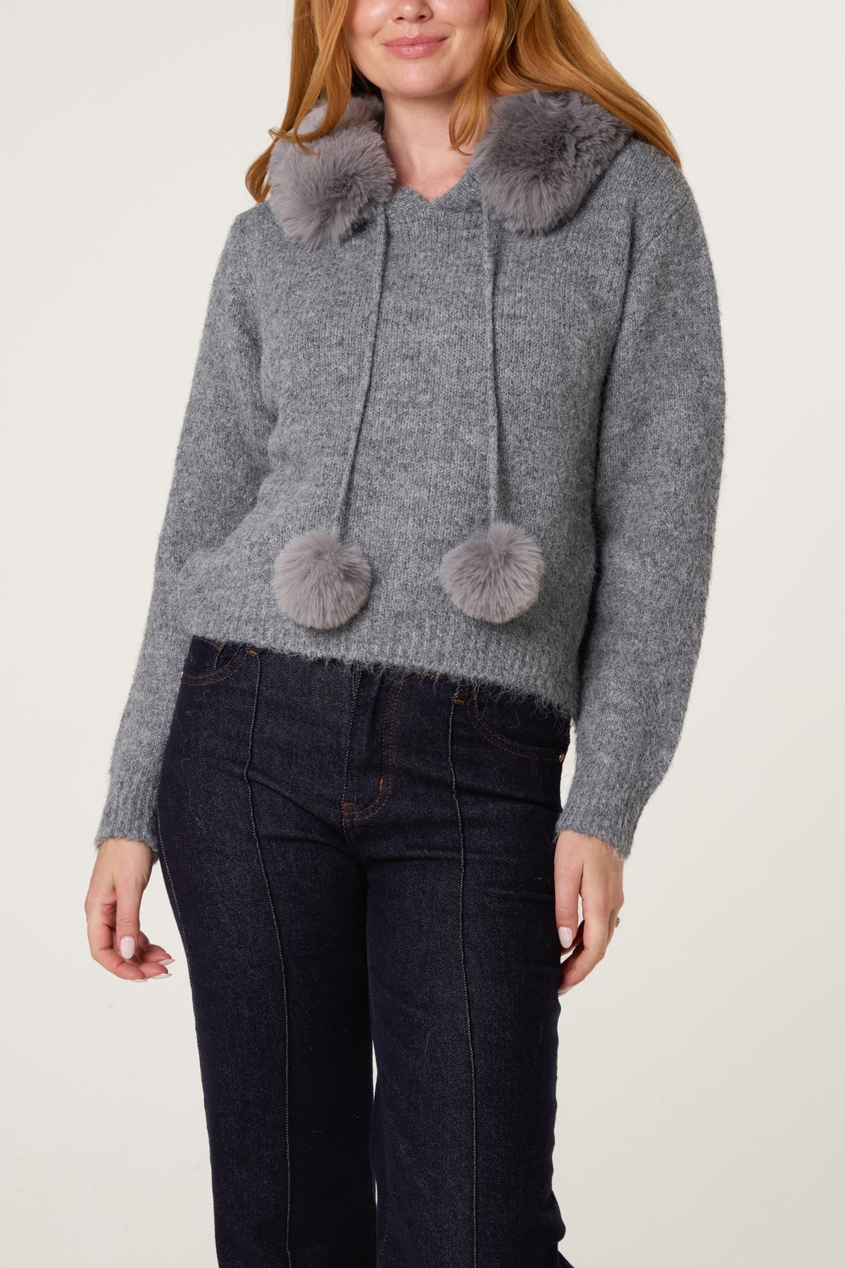 Faux Fur Pom Pom Hooded Jumper