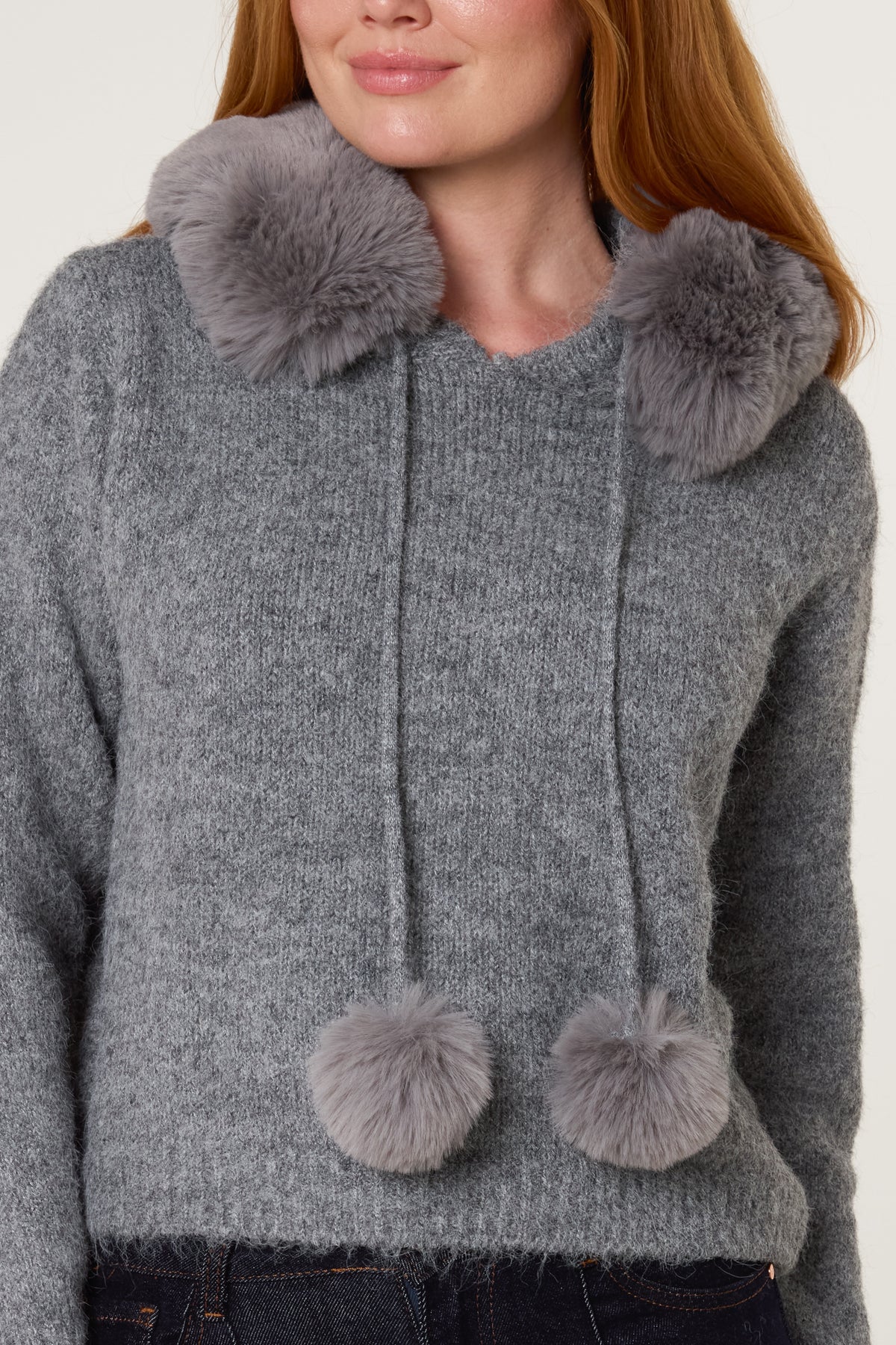 Faux Fur Pom Pom Hooded Jumper