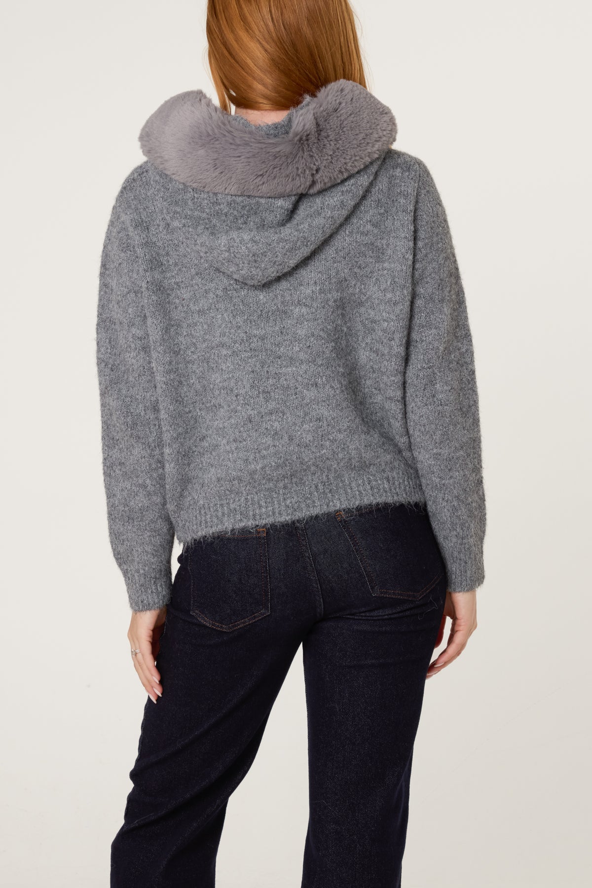Faux Fur Pom Pom Hooded Jumper