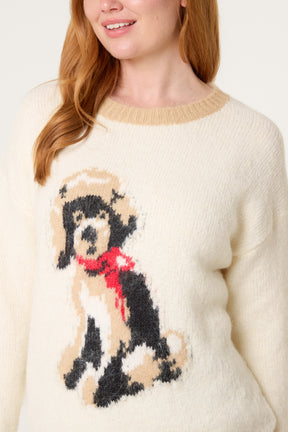 Dog Motif Jumper With Contrast Trim