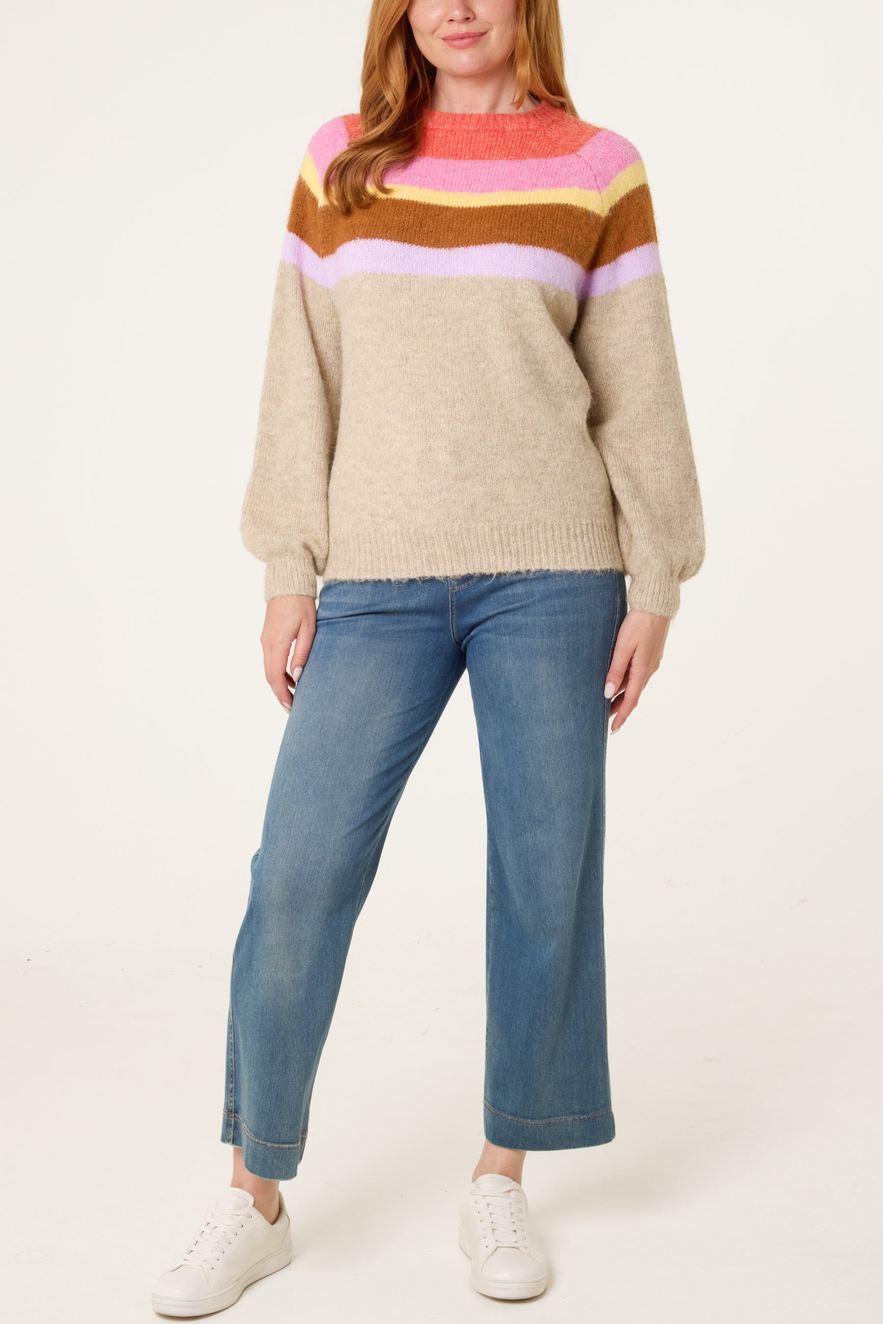 Multicolor Stripe Balloon Sleeve Jumper