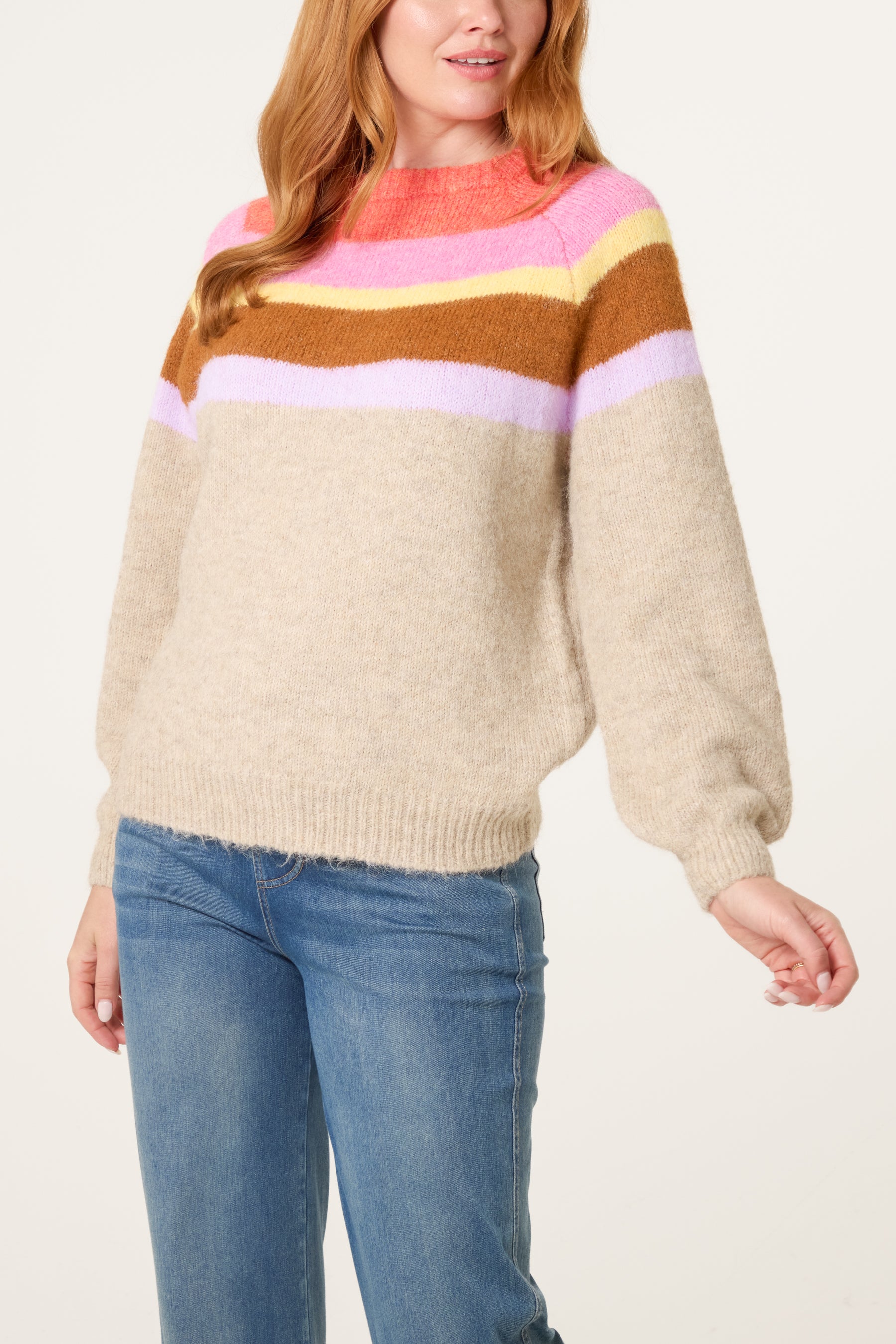 Multicolor Stripe Balloon Sleeve Jumper