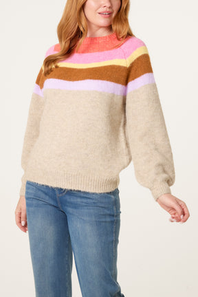 Multicolor Stripe Balloon Sleeve Jumper