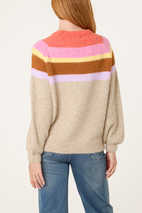 Multicolor Stripe Balloon Sleeve Jumper