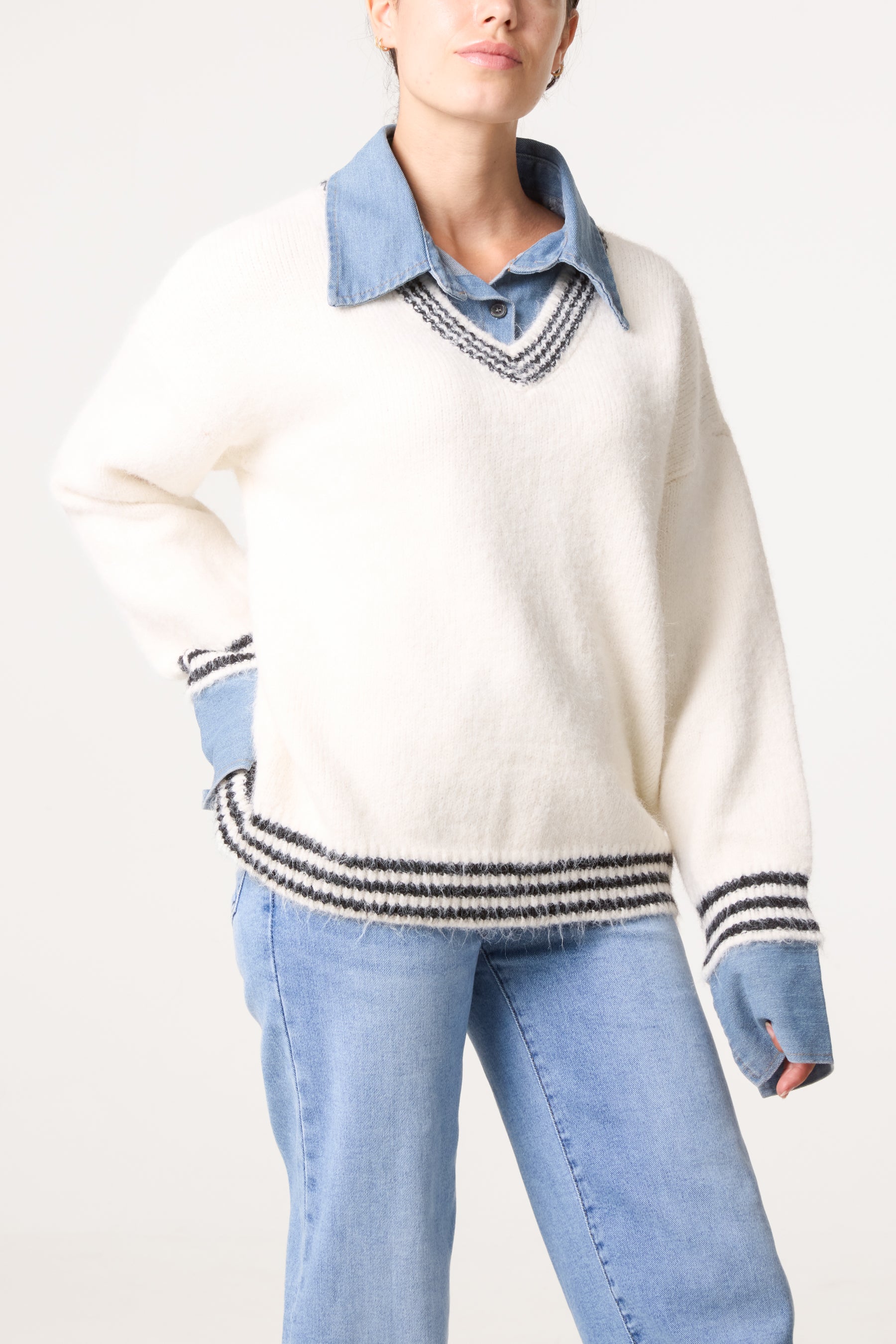 Denim Shirt Collar Knit Jumper