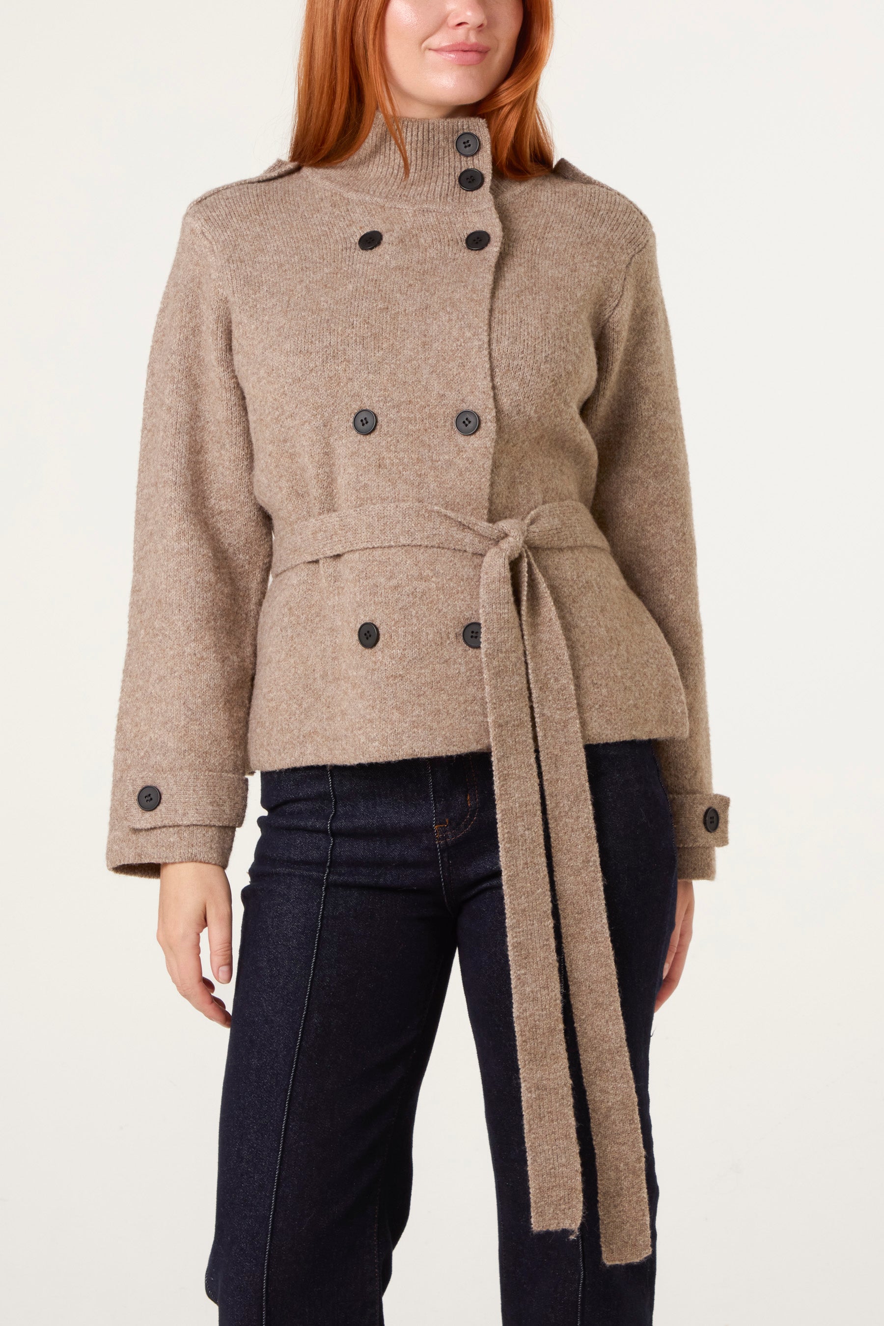 High Neck Cardigan With Belt