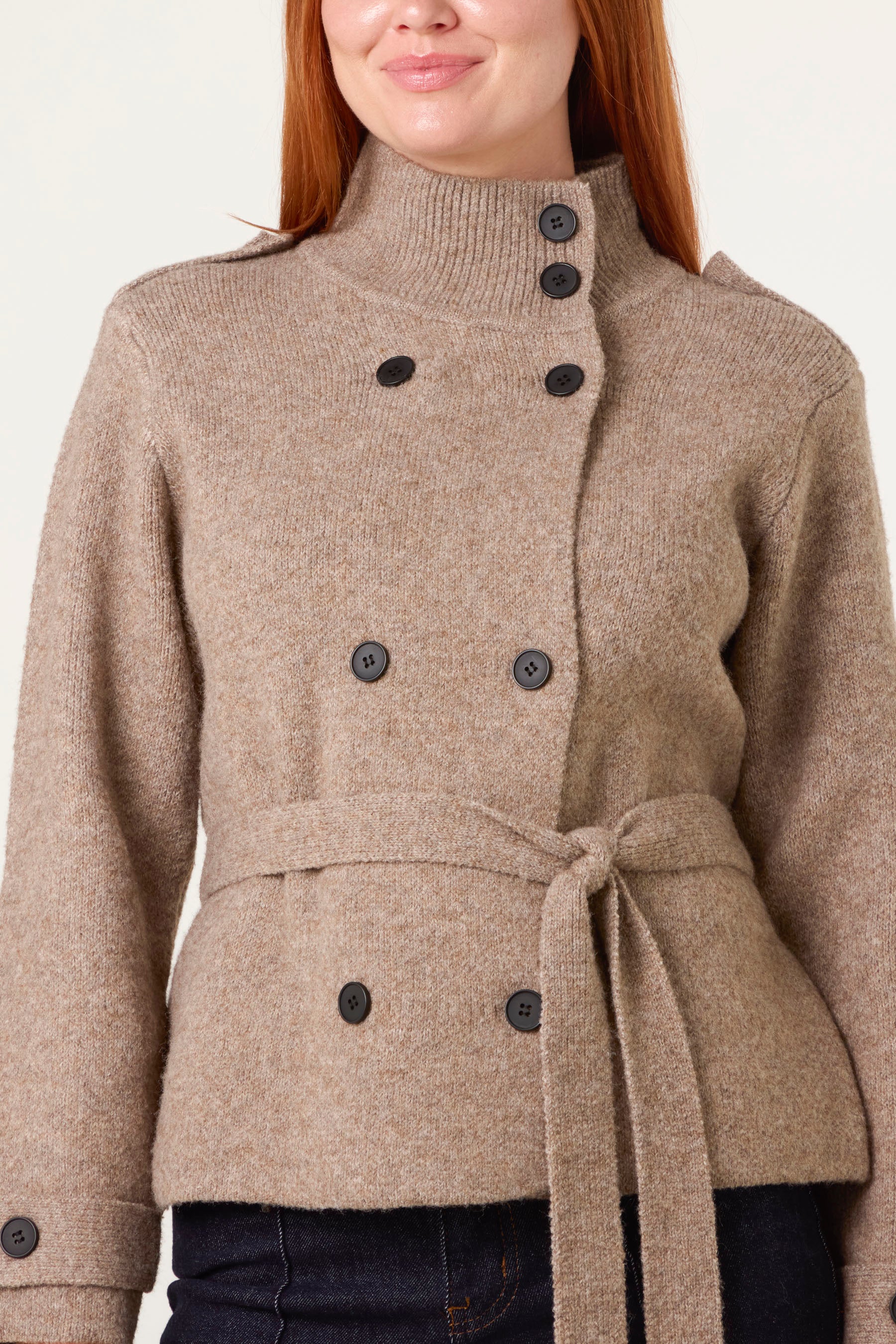 High Neck Cardigan With Belt