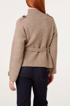 High Neck Cardigan With Belt