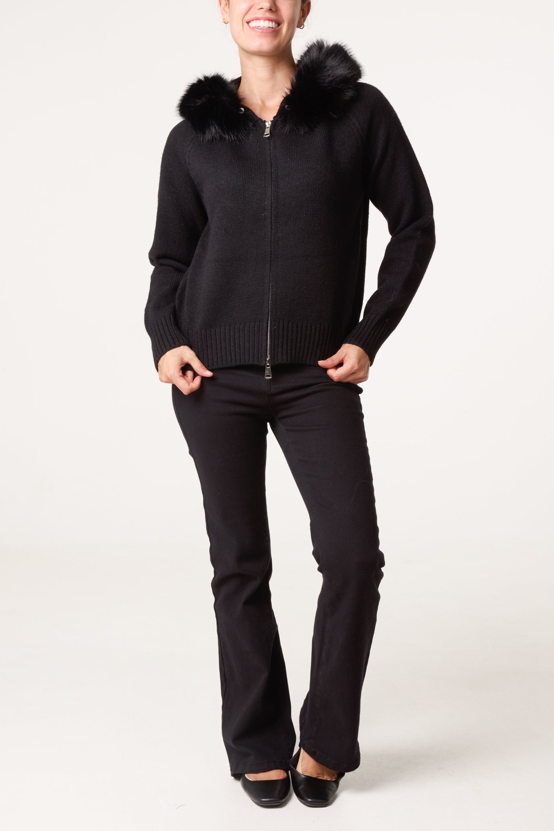 Zip-Through Fur Trim Knit Cardigan