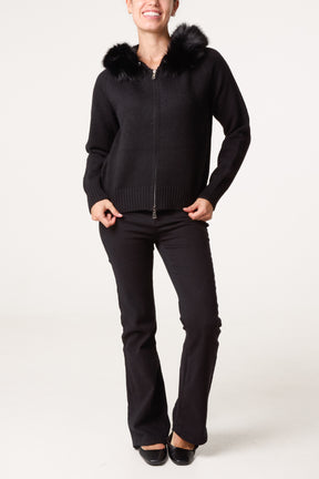 Zip-Through Fur Trim Knit Cardigan