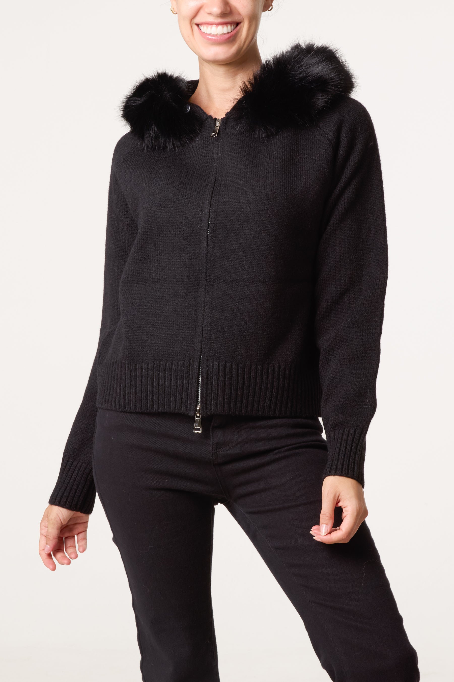 Zip-Through Fur Trim Knit Cardigan