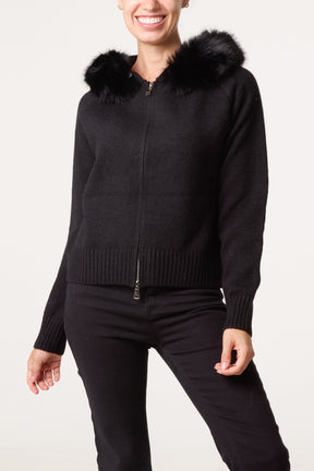 Zip-Through Fur Trim Knit Cardigan