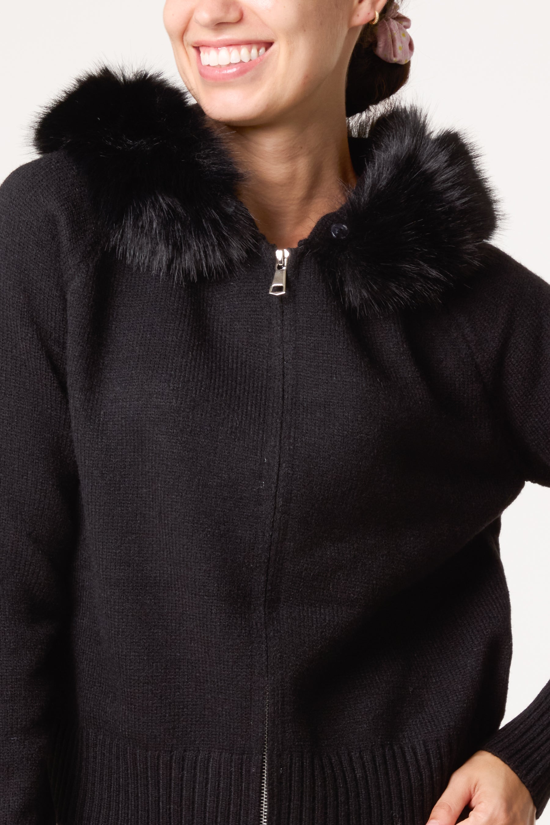 Zip-Through Fur Trim Knit Cardigan