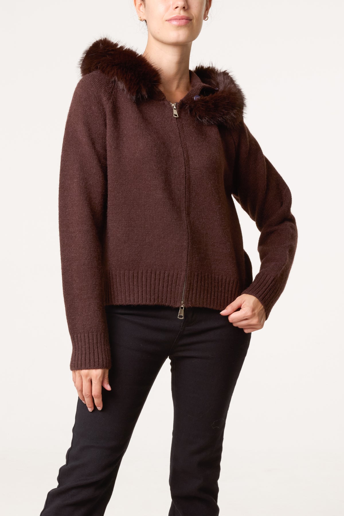 Zip-Through Fur Trim Knit Cardigan