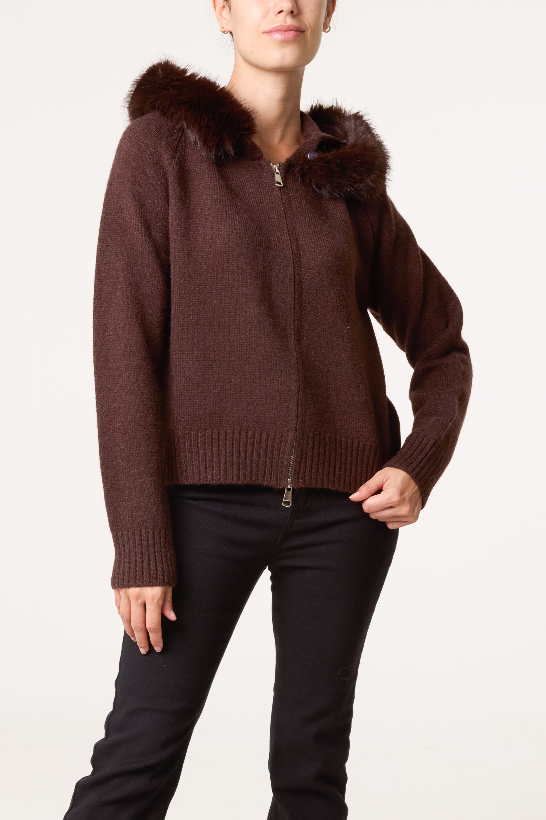 Zip-Through Fur Trim Knit Cardigan