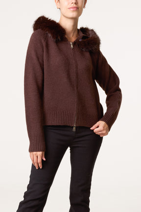 Zip-Through Fur Trim Knit Cardigan