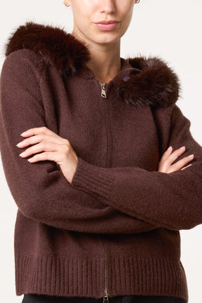 Zip-Through Fur Trim Knit Cardigan
