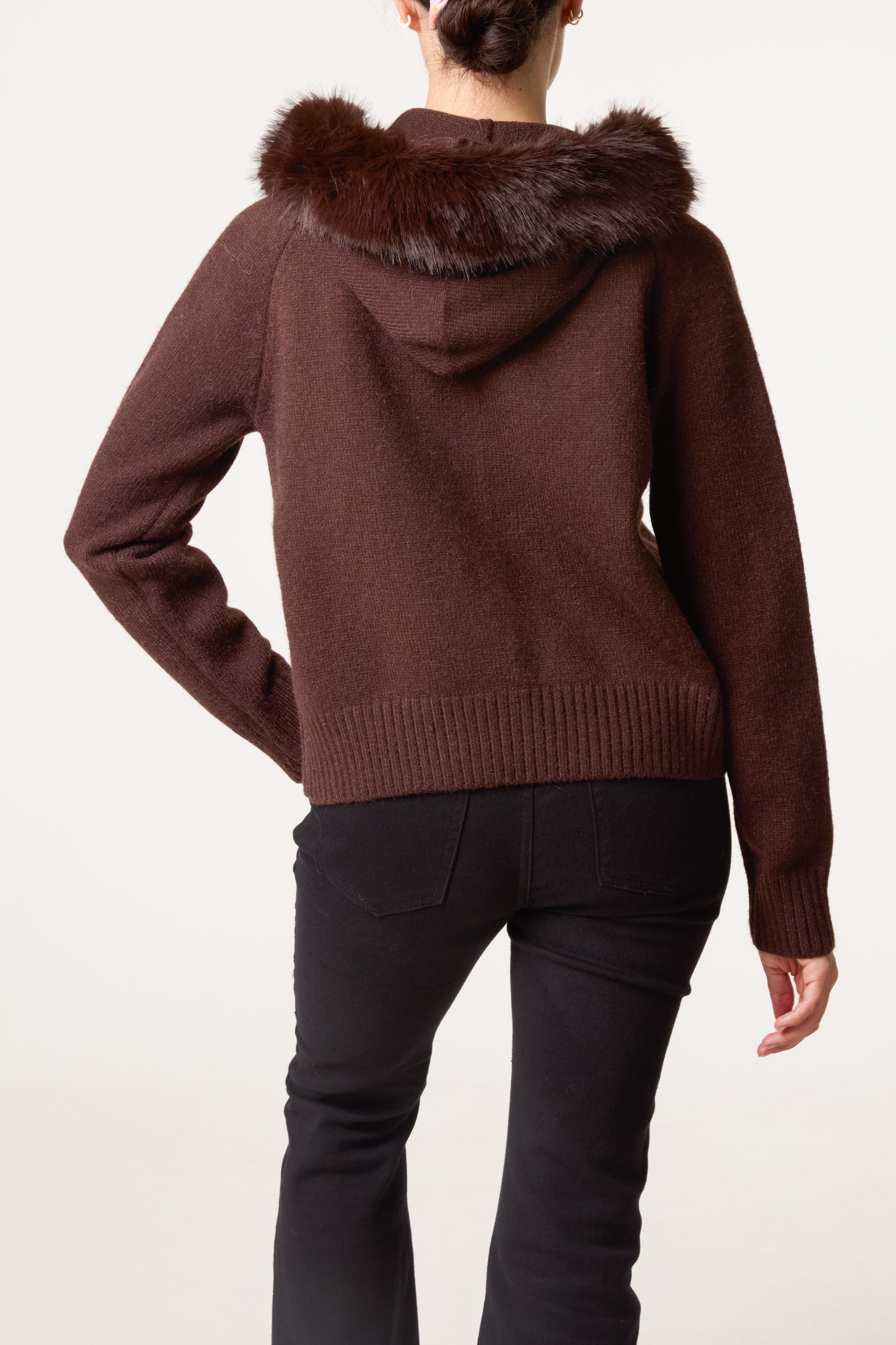 Zip-Through Fur Trim Knit Cardigan
