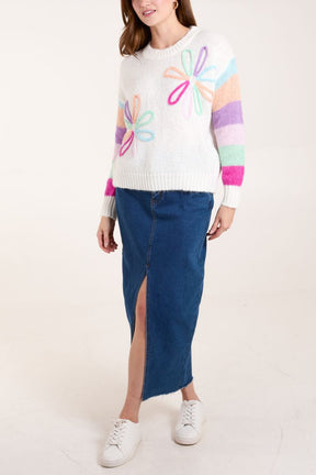 Embroidery Multi Colour Flower & Stripes Jumper