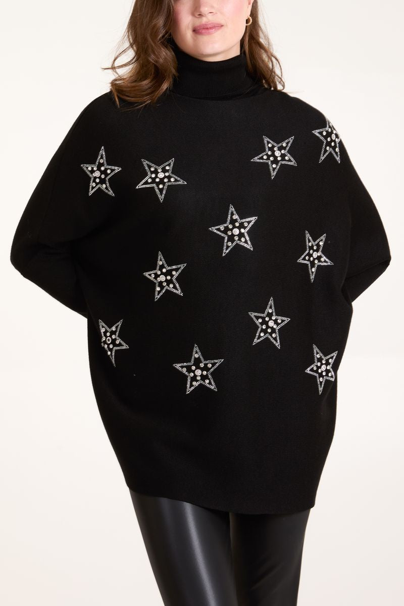 Diamante Star High Neck Poncho Jumper