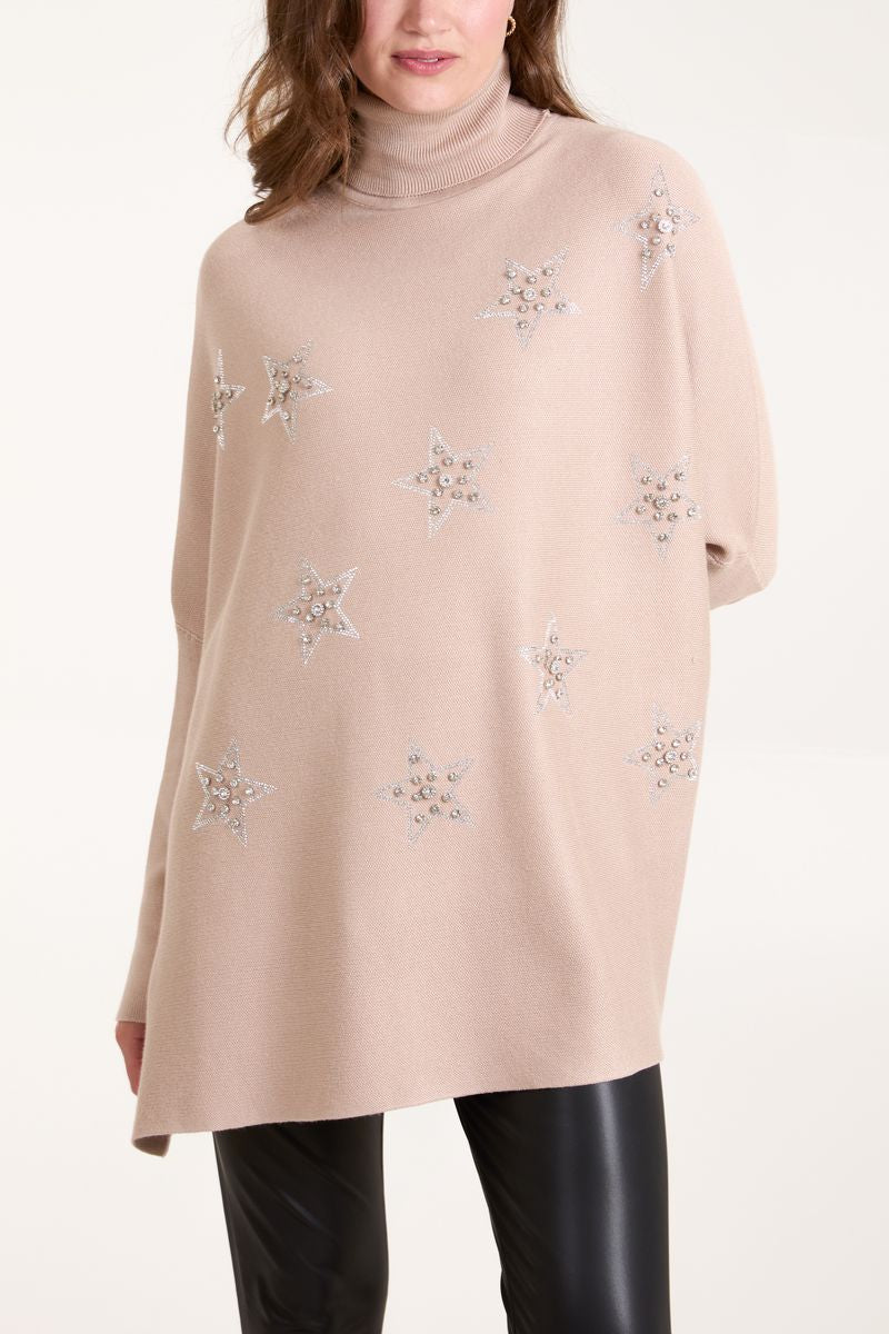 Diamante Star High Neck Poncho Jumper