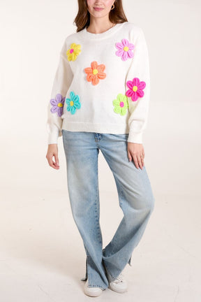 Knitted Flowers Crew Neck Jumper