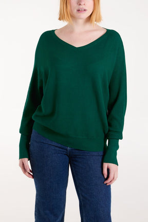 Emerald Ribbed Knit V-Neck Jumper