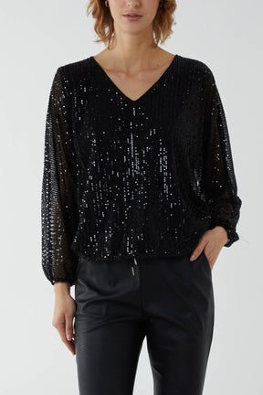 Sequin V-Neck Long Sleeve Blouse