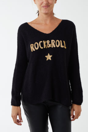 'Rock & Roll' Woven Metallic V-Neck Jumper