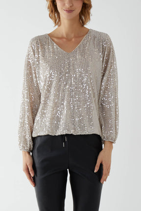 Sequin V-Neck Long Sleeve Blouse