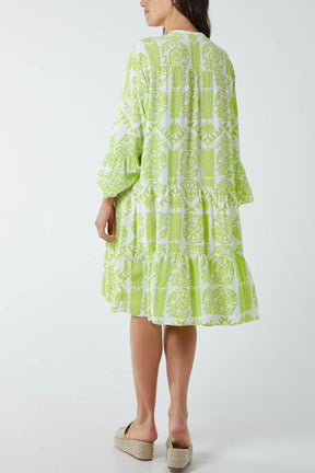 Tiered Baroque Floral Smock Print Dress