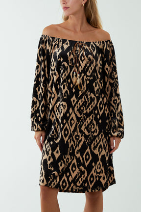 Velour Off The Shoulder Printed Dress