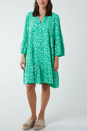Long Sleeve Tiered Light Leopard Dress