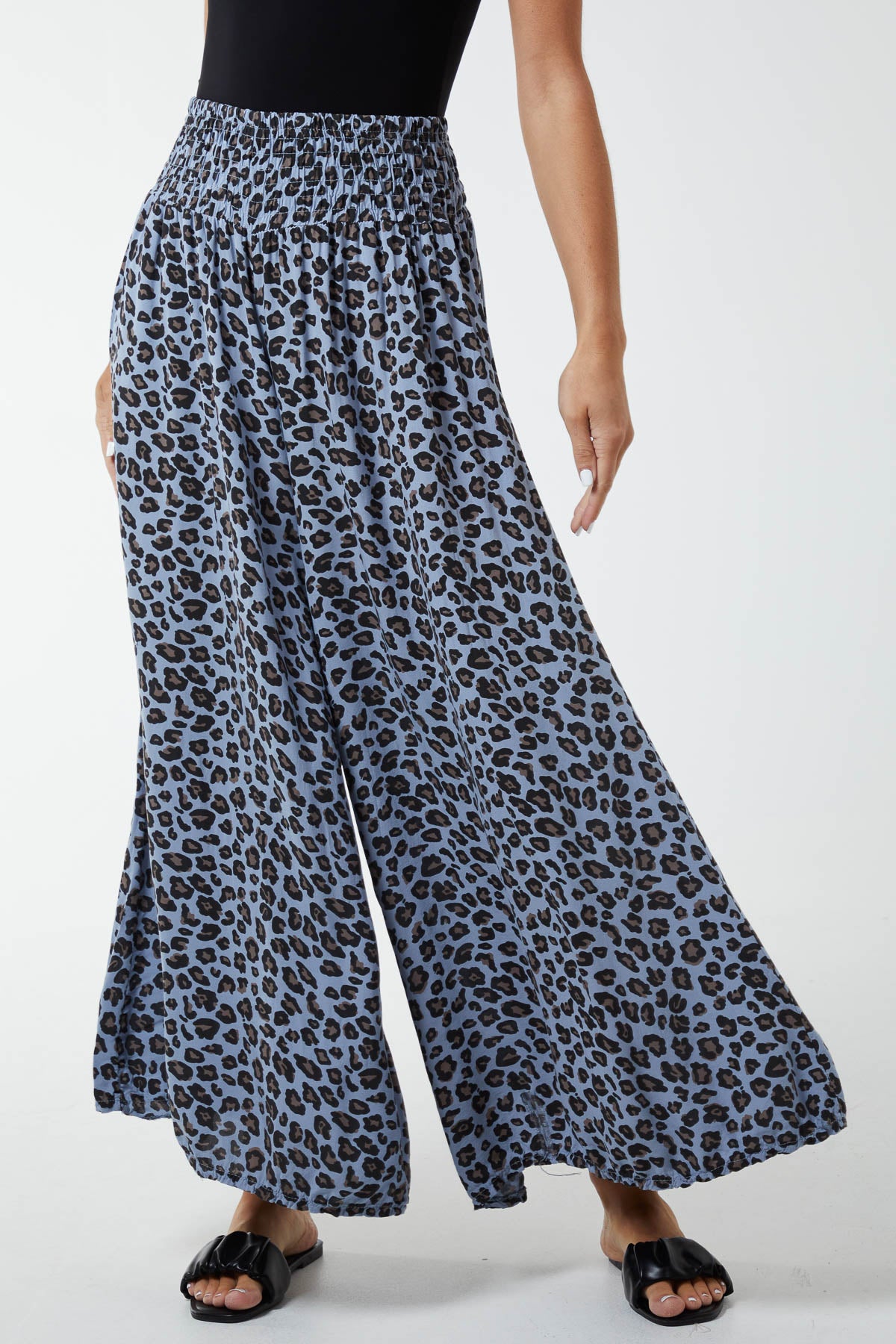 Leopard Print Ruched Waist Wide Leg Trousers